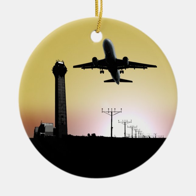 Air Traffic Control Tower & Plane Ceramic Ornament (Front)