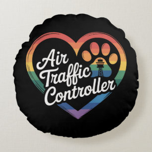 Air Traffic Controller Rainbow Heart Round Pillow