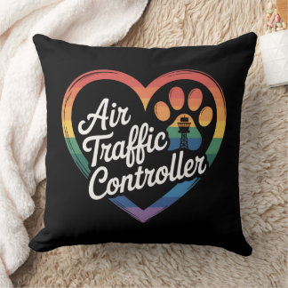 Air Traffic Controller Rainbow Heart Throw Pillow