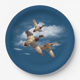 Airborne Mallard Ducks On Blue Paper Plate
