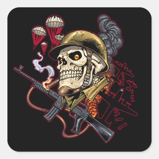 Airborne or Marine Paratrooper Skull with Helmet Square Sticker (Front)