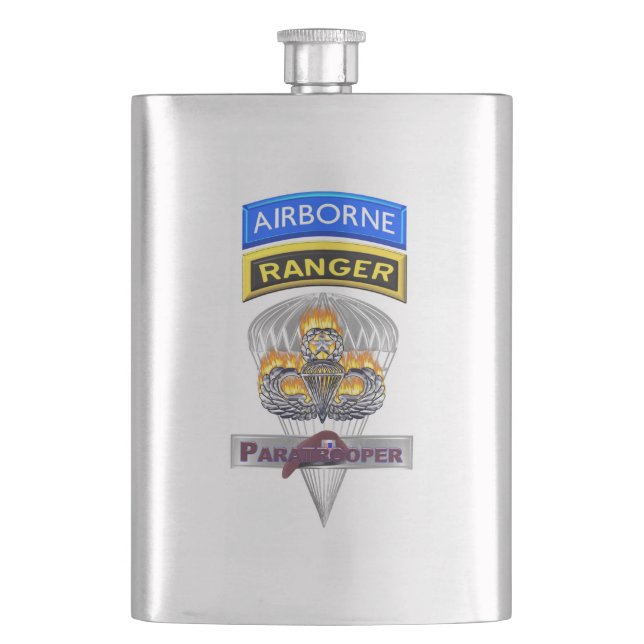 Airborne Ranger Master Flaming Parachutist Wings Hip Flask (Front)