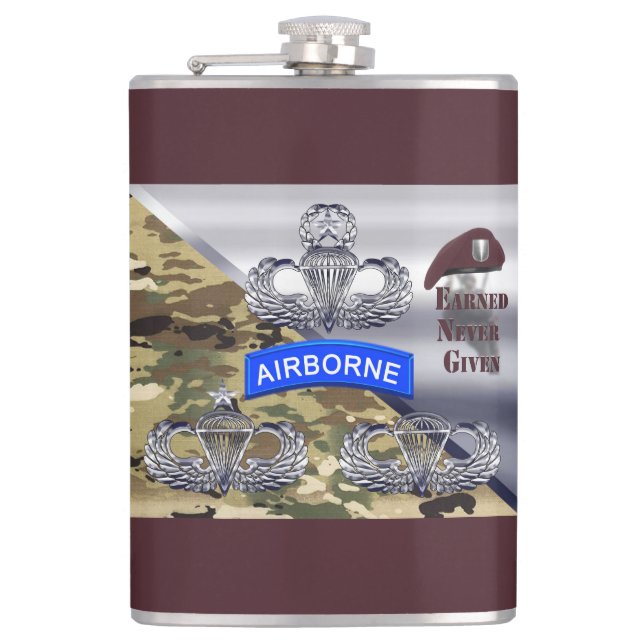 Airborne Wings – “Earned Never Given” Hip Flask (Front)