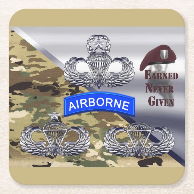 Airborne Wings – Earned Never Given Square Paper Coaster (Front)