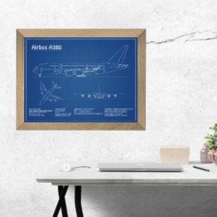 Airbus a380 - Airplane Blueprint Drawing Plans AD Photo Print