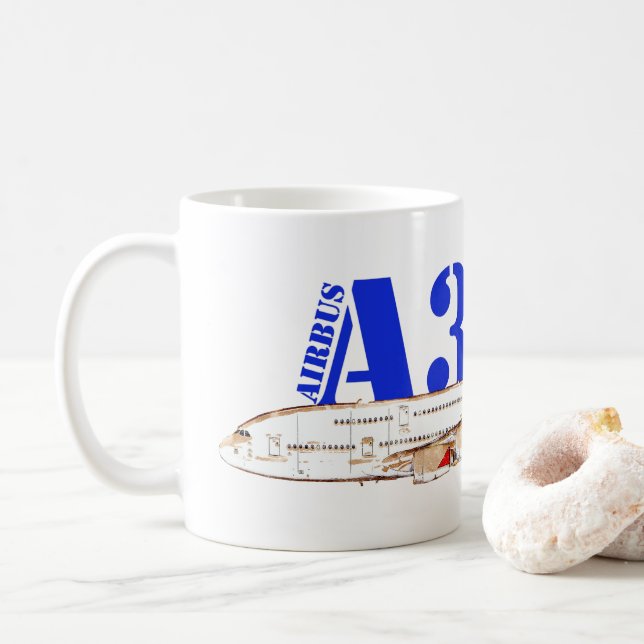 Airbus A380 Illustration with Bold Red Tail Design Coffee Mug (With Donut)