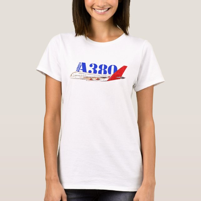 Airbus A380 Illustration with Bold Red Tail Design T-Shirt (Front)