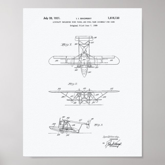 Aircraft 1931 Patent Art White Paper Poster (Front)