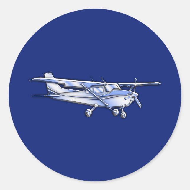 Aircraft  Chrome Cessna Silhouette Flying on Blue Classic Round Sticker (Front)