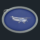 Aircraft  Chrome Cessna Silhouette Flying on Blue Oval Belt Buckle<br><div class="desc">Aircraft Classic Cessna Silhouette Flying on blue for any aviation enthusiast, customize this with text if you wish. The Cessna airplane is designed to make it look like a silver chrome applique. Easily add text to this design in one step. Just click on the "Customize It!" button to reveal the...</div>