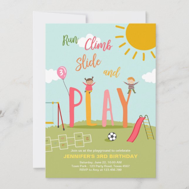 Aire De Jeux Anniversaire Fête Invitation Dans Le  (Devant)
