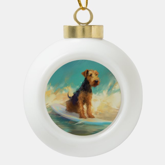 Airedale Beach Surfing Painting  Ceramic Ball Christmas Ornament (Front)