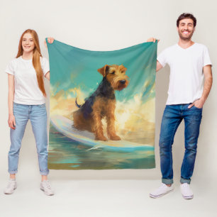 Airedale Beach Surfing Painting Fleece Blanket