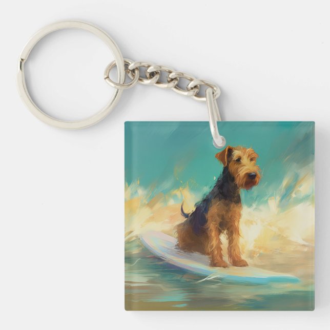 Airedale Beach Surfing Painting  Keychain (Front)