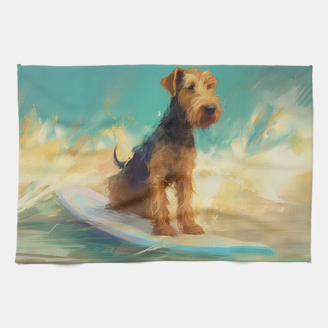 Airedale Beach Surfing Painting  Kitchen Towel (Horizontal)