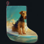 Airedale Beach Surfing Painting  Small Christmas Stocking<br><div class="desc">Immerse yourself in the playful world of canine adventure with this captivating painting. A spirited dog takes to the waves, skilfully riding the surf on a sun-kissed beach. The vibrant artwork beautifully captures the essence of beachside excitement as the dog fearlessly rides the waves, embodying the spirit of fun and...</div>