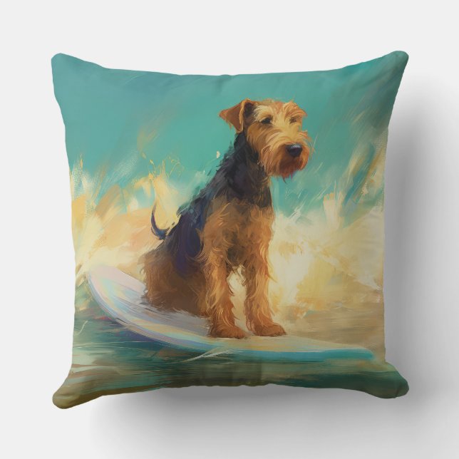 Airedale Beach Surfing Painting  Throw Pillow (Back)