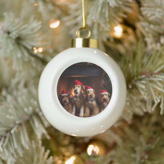 Airedale by the Fireplace Christmas  Ceramic Ball Christmas Ornament (Tree)