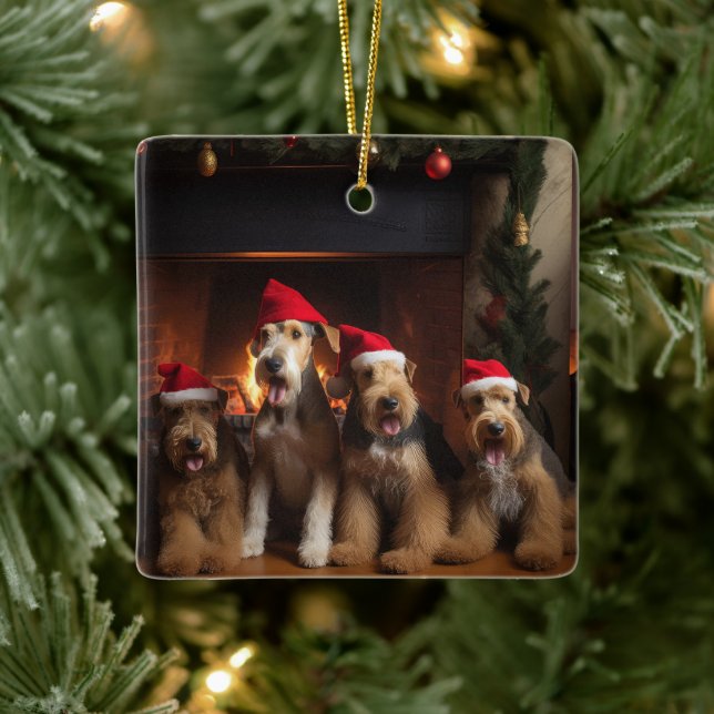 Airedale by the Fireplace Christmas  Ceramic Ornament (Tree)