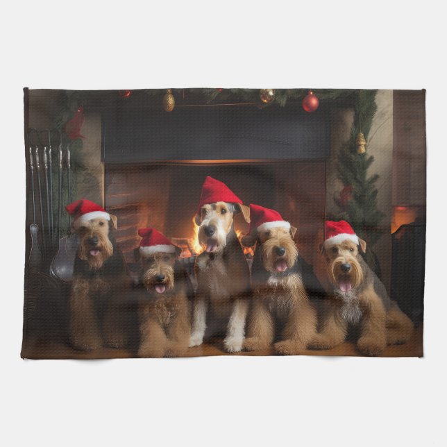 Airedale by the Fireplace Christmas  Kitchen Towel (Horizontal)