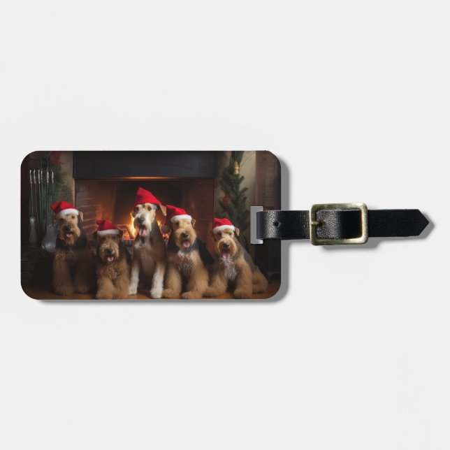 Airedale by the Fireplace Christmas  Luggage Tag (Front Horizontal)
