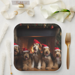Airedale by the Fireplace Christmas Paper Plate