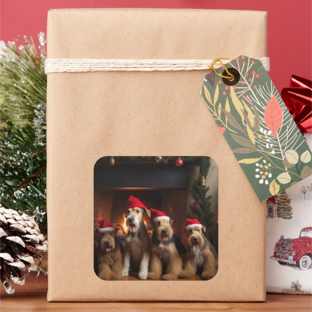 Airedale by the Fireplace Christmas  Square Sticker (Holiday)