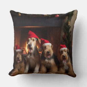 Airedale by the Fireplace Christmas  Throw Pillow
