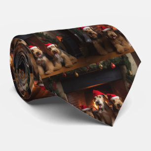 Airedale by the Fireplace Christmas Tie