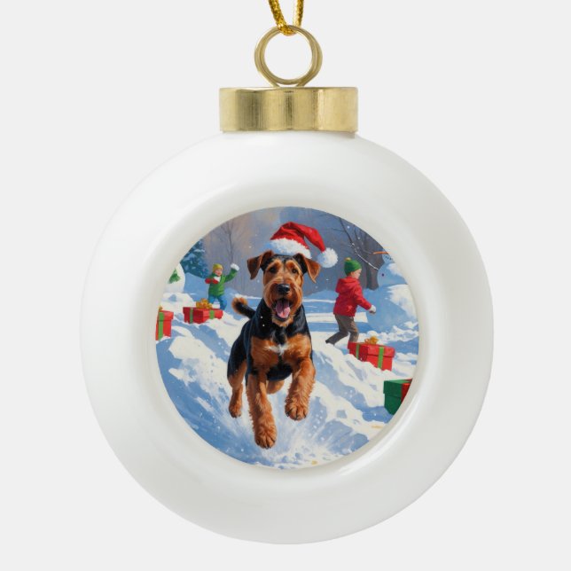 Airedale Christmas Festive Snow Scene Ceramic Ball Christmas Ornament (Front)