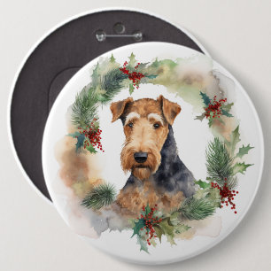 Airedale Christmas Wreath Festive Pup 6 Inch Round Button