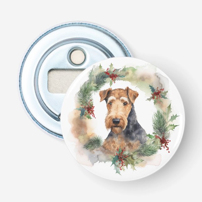 Airedale Christmas Wreath Festive Pup  Bottle Opener (Front)
