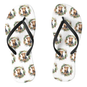 Airedale Christmas Wreath Festive Pup  Flip Flops