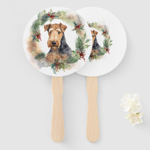 Airedale Christmas Wreath Festive Pup  Hand Fan