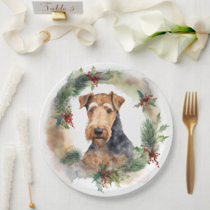 Airedale Christmas Wreath Festive Pup  Paper Plate