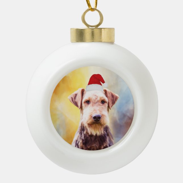 Airedale Dog Christmas Santa Hat Art Portrait Ceramic Ball Christmas Ornament (Front)
