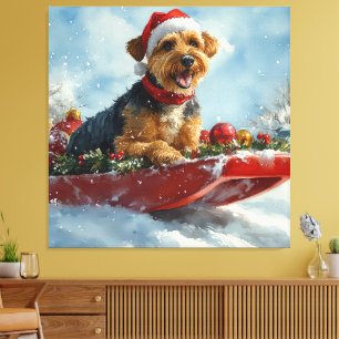 Airedale Dog in Sledge Let it Snow Christmas Canvas Print