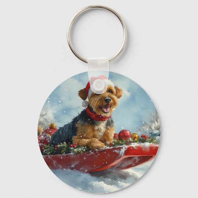 Airedale Dog in Sledge Let it Snow Christmas Keychain (Front)