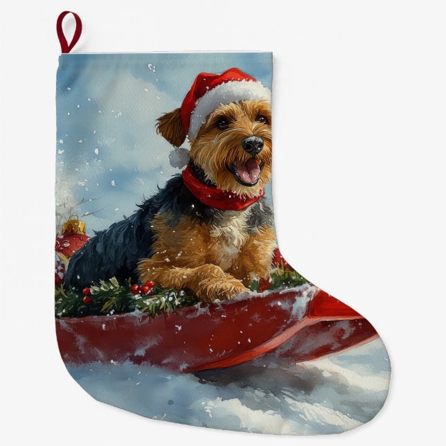 Airedale Dog in Sledge Let it Snow Christmas Large Christmas Stocking (Front)