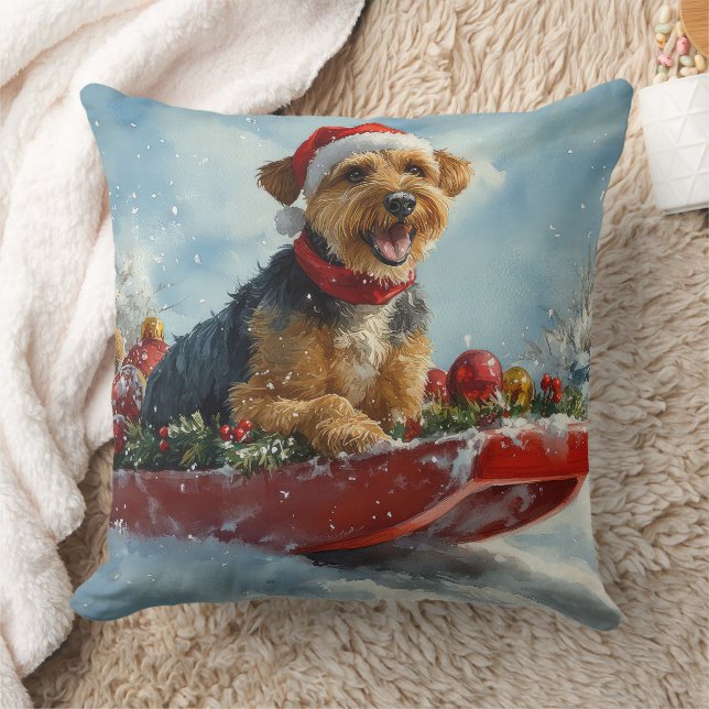 Airedale Dog in Sledge Let it Snow Christmas Throw Pillow (Blanket)