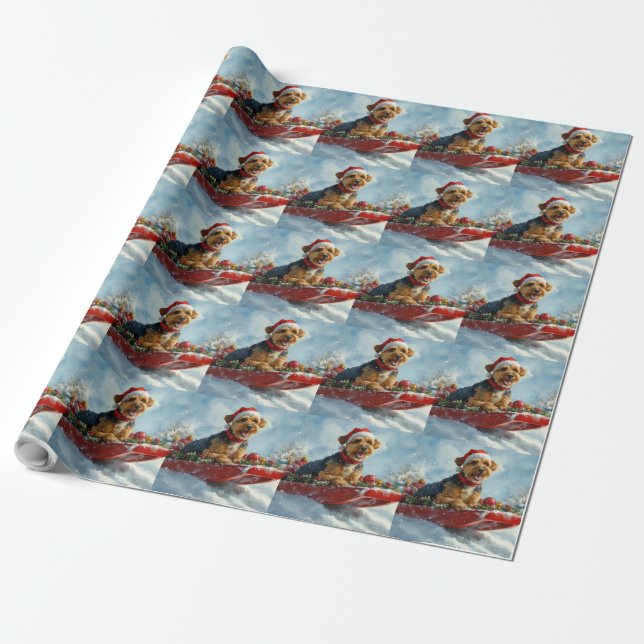 Airedale Dog in Sledge Let it Snow Christmas Wrapping Paper (Unrolled)