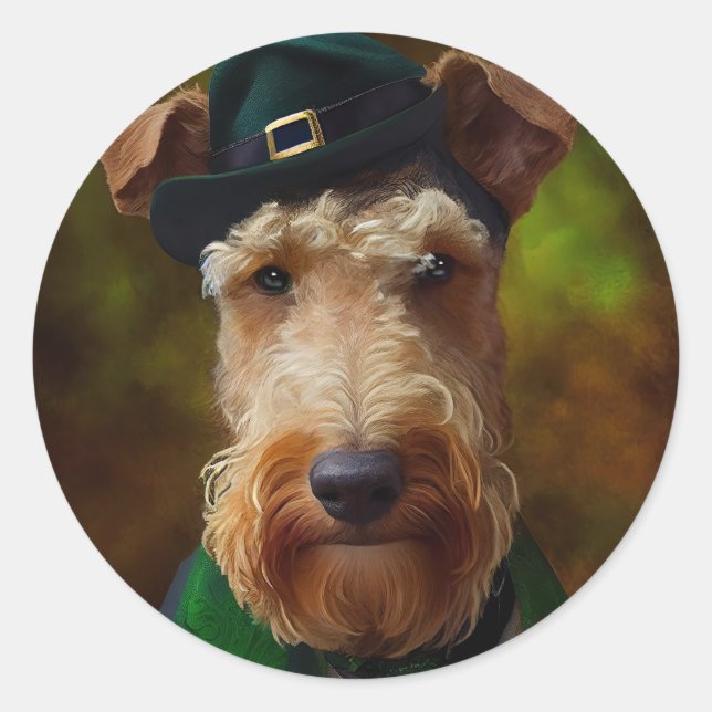 airedale dog in St. Patrick's Day Classic Round Sticker (Front)
