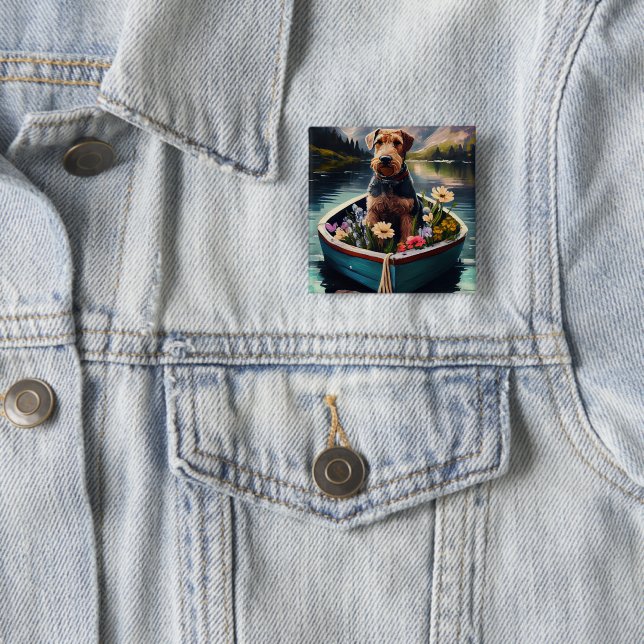 Airedale Dog on a Paddle: A Scenic Adventure 2 Inch Square Button (In Situ)