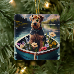 Airedale Dog on a Paddle: A Scenic Adventure Ceramic Ornament