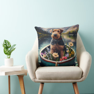 Airedale Dog on a Paddle: A Scenic Adventure Throw Pillow