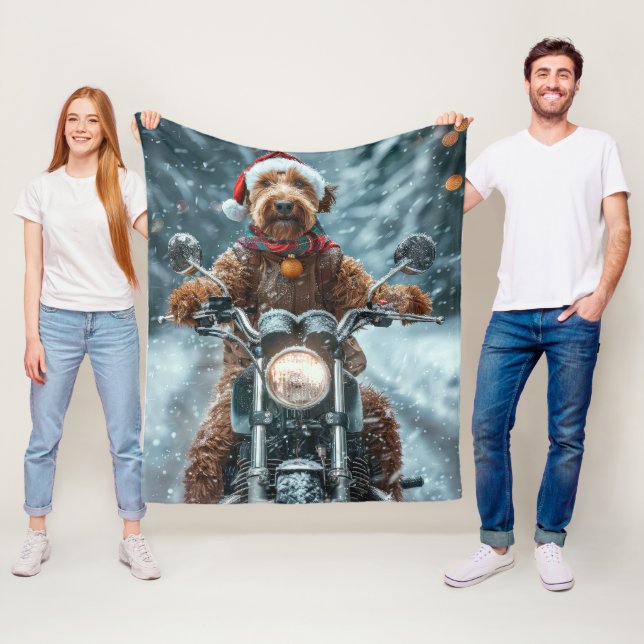 Airedale Dog Riding Motorcycle Christmas Fleece Blanket (In Situ)