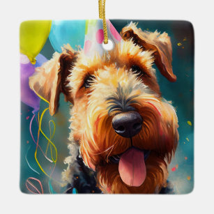 Airedale dog with birthday hat and balloons ceramic ornament