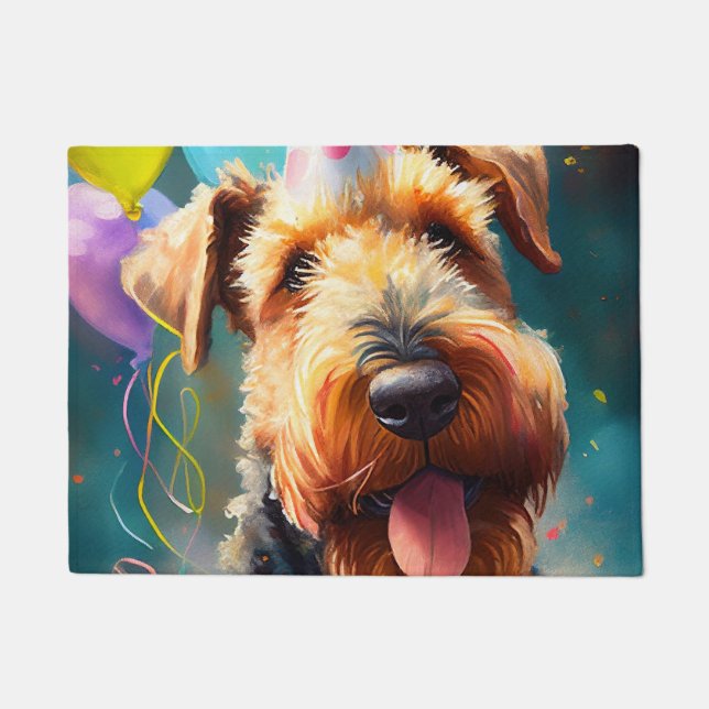 Airedale dog with birthday hat and balloons doormat (Front)
