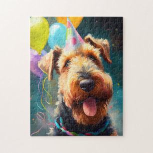 Airedale dog with birthday hat and balloons jigsaw puzzle