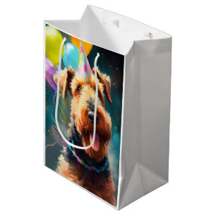Airedale dog with birthday hat and balloons medium gift bag